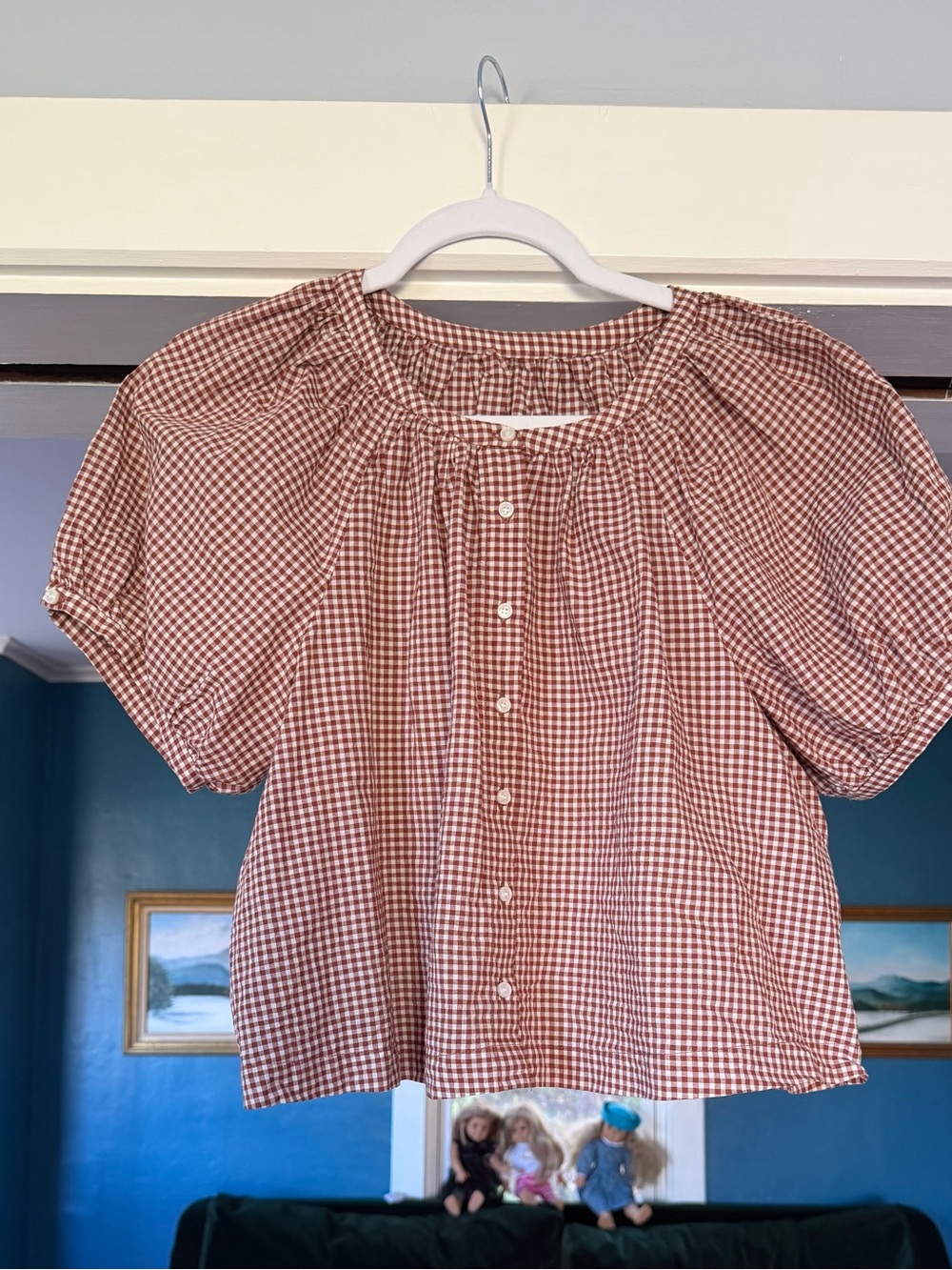 Gingham Button-Front Puff Sleeve Top - Rust brown/White blouse women’s small